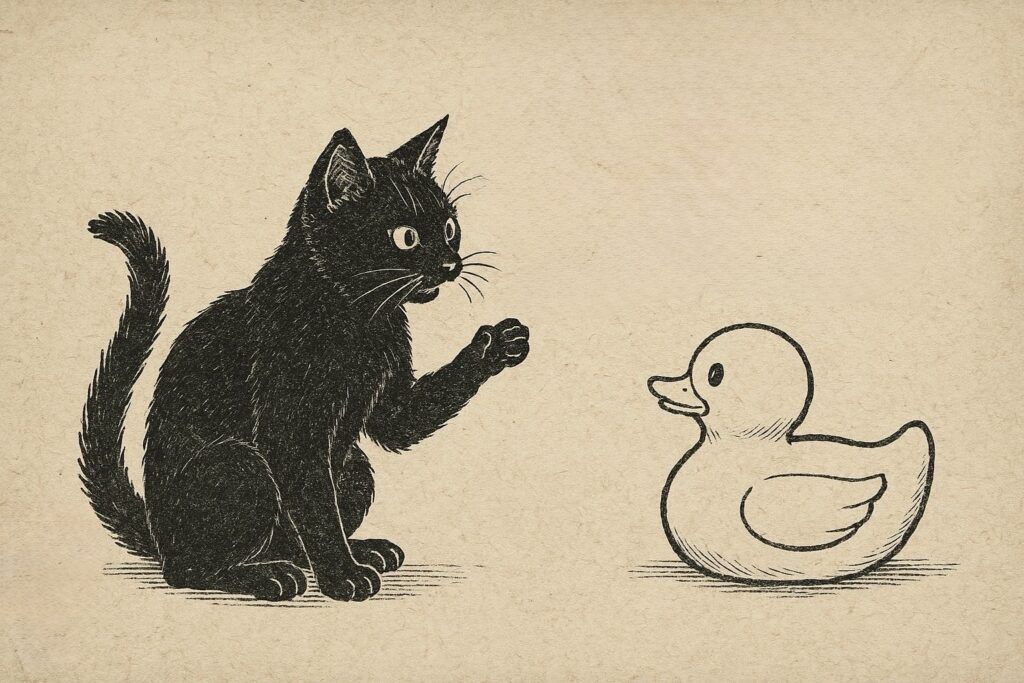 思考がごちゃごちゃしたとき、ラバーダックに話しかける猫。静かな時間が、整える鍵。
A cat turning to a rubber duck when thoughts get tangled—sometimes, clarity starts with a quiet friend.