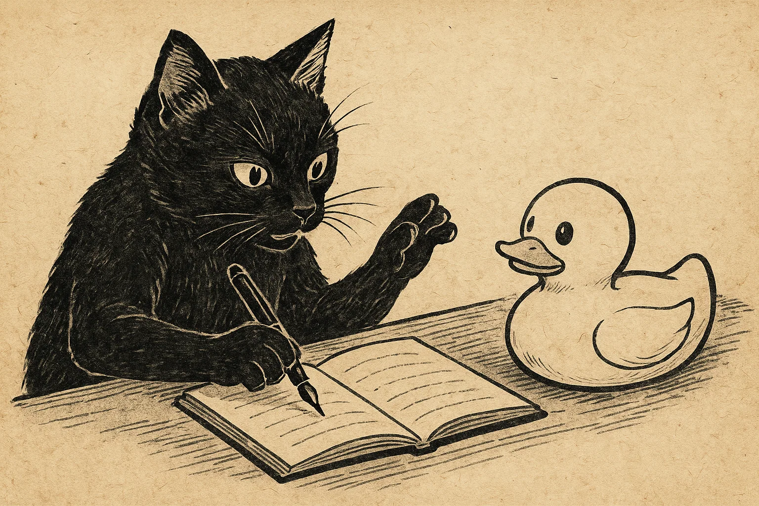 ラバーダックに話しかけながらノートを書く猫のイラスト（ChatGPTの活用イメージ） A cat journaling while rubber-ducking, symbolizing self-reflection and ChatGPT-style support
