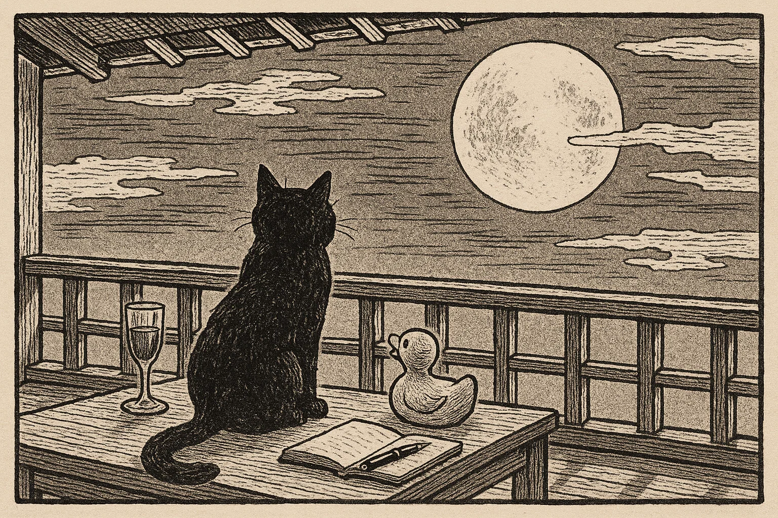 夜空の満月を見つめる黒猫。足元には願いを綴るノートとペン、静かに寄り添うラバーダック