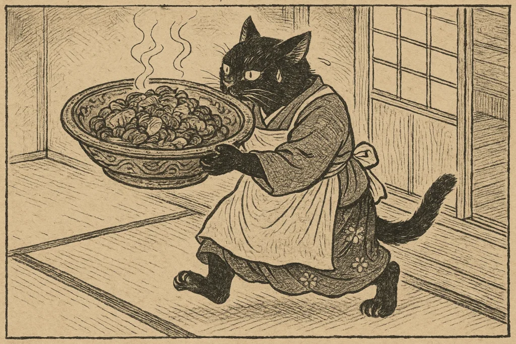 Black cat carrying heavy Mingei dish to guest room.