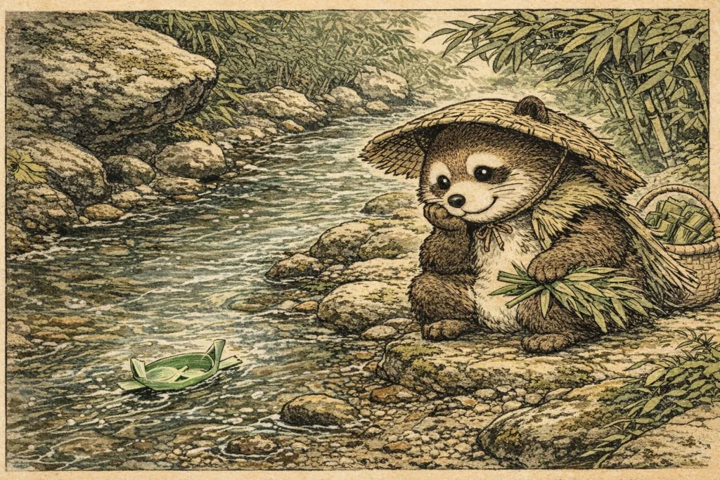 A small bamboo leaf boat drifting on a stream while a gentle tanuki watches from the riverbank