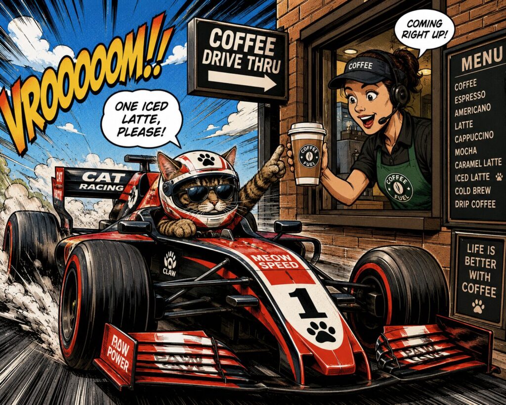 A comic-style racing cat stopping at a coffee drive-thru, symbolizing a pause before rushing forward.