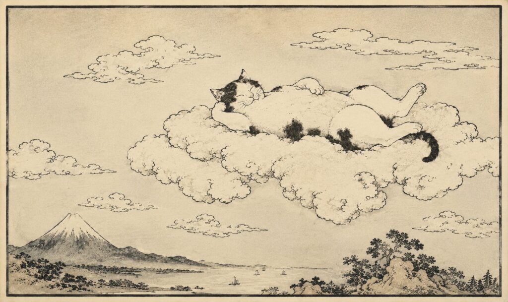 A cat sleeping on a cloud in a traditional Japanese painting