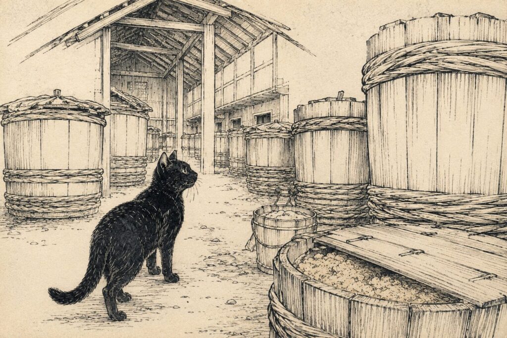 A cat watching over aging miso barrels in a traditional Japanese storehouse.